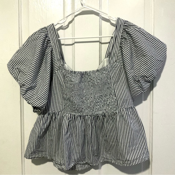 Plus Sized Puff-Sleeve Striped Ruched Smocked Babydoll Swing Blouse - Picture 6 of 8